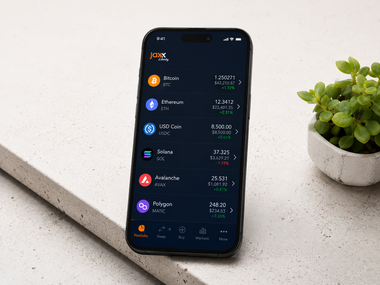 Jaxx Liberty asset list on a phone